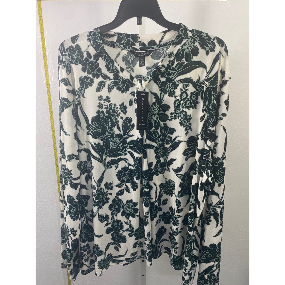 Investments Woman 3X Floral Blouse Green White Long Sleeve Split Neck NWT